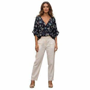 Grace and Mila – Chic Dark Navy Leaf Print Blouse (Size M)